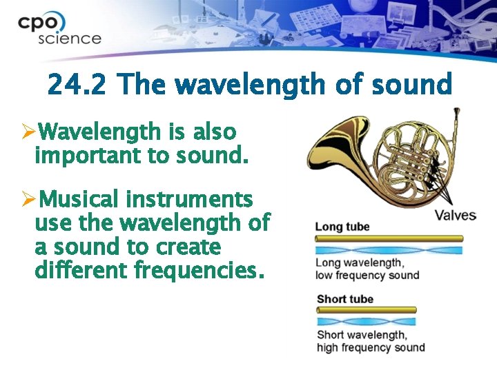 24. 2 The wavelength of sound ØWavelength is also important to sound. ØMusical instruments