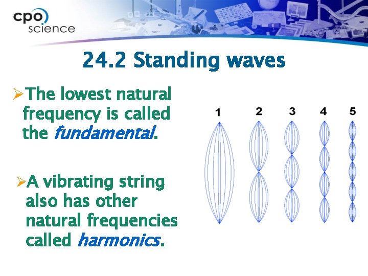 24. 2 Standing waves ØThe lowest natural frequency is called the fundamental. ØA vibrating