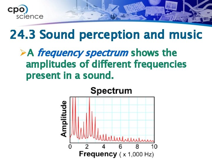 24. 3 Sound perception and music ØA frequency spectrum shows the amplitudes of different