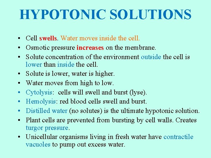 HYPOTONIC SOLUTIONS • Cell swells Water moves inside the cell. • Osmotic pressure increases
