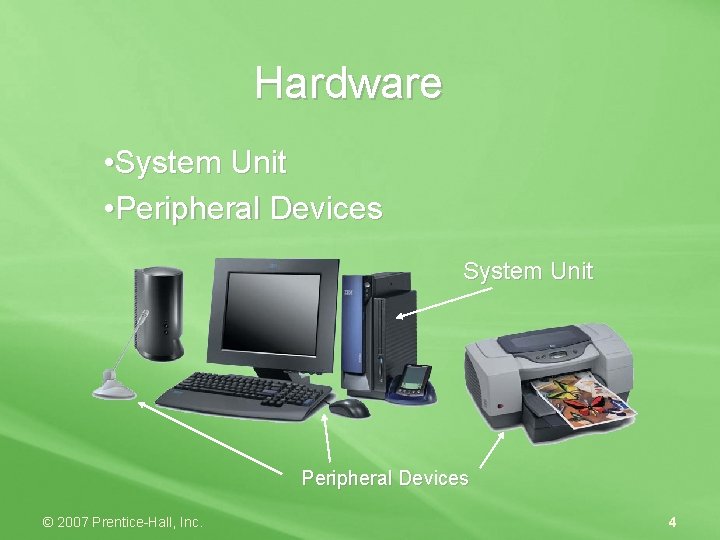 Hardware • System Unit • Peripheral Devices System Unit Peripheral Devices © 2007 Prentice-Hall,