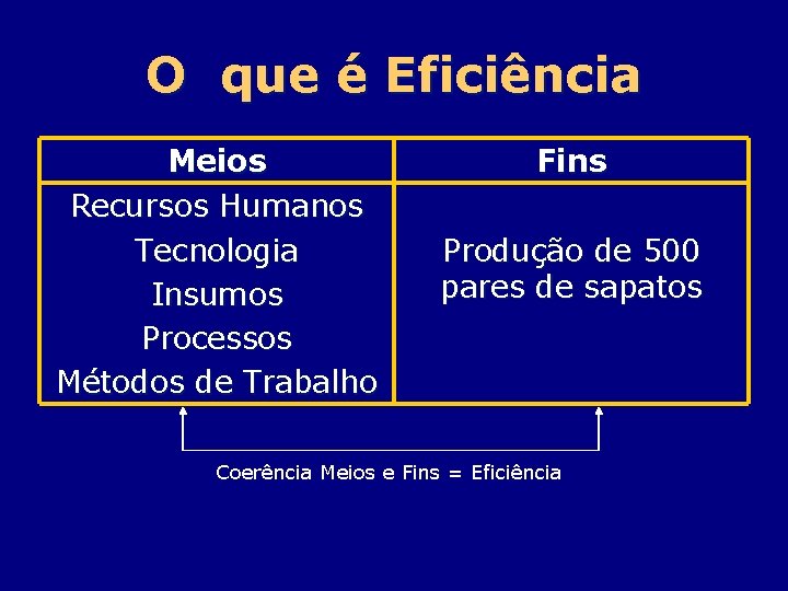 O que é Eficiência Meios Recursos Humanos Tecnologia Insumos Processos Métodos de Trabalho Fins