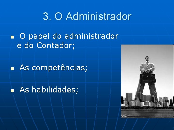 3. O Administrador n O papel do administrador e do Contador; n As competências;