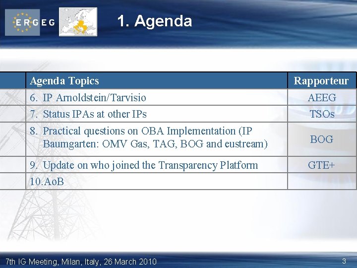 1. Agenda Topics Rapporteur 6. IP Arnoldstein/Tarvisio 7. Status IPAs at other IPs 8.