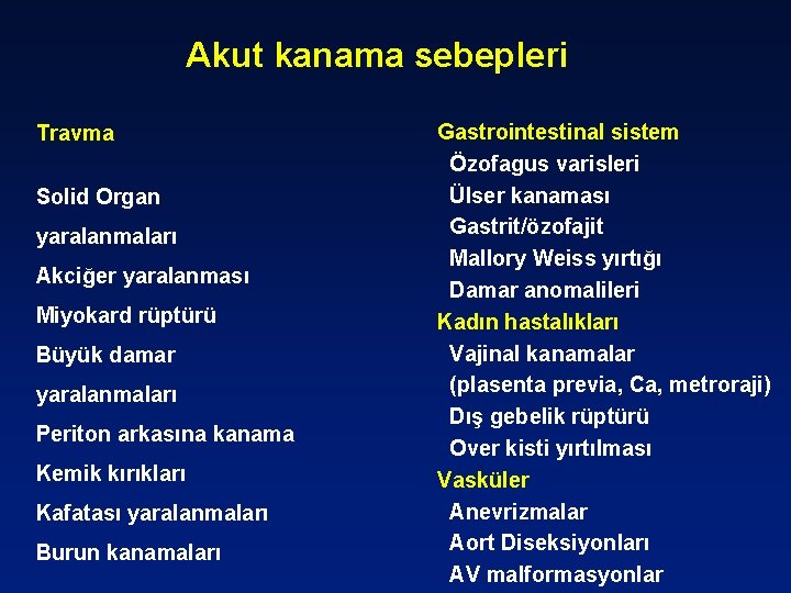 Akut kanama sebepleri Travma Solid Organ yaralanmaları Akciğer yaralanması Miyokard rüptürü Büyük damar yaralanmaları