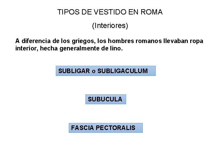 TIPOS DE VESTIDO EN ROMA (Interiores) A diferencia de los griegos, los hombres romanos