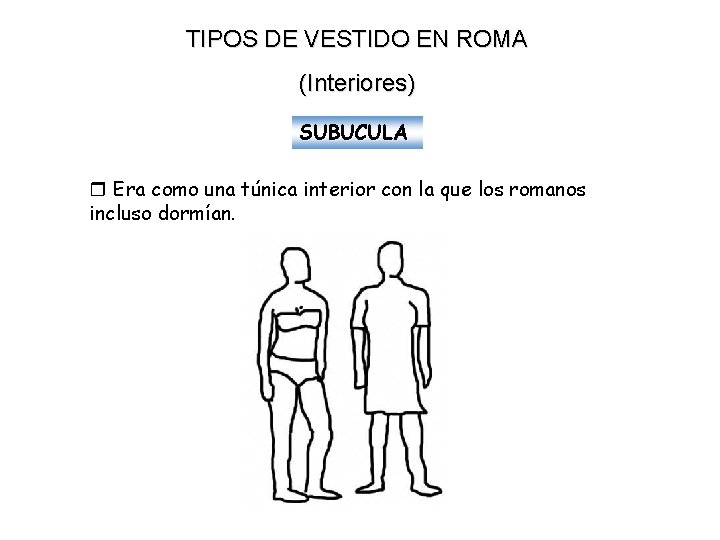 TIPOS DE VESTIDO EN ROMA (Interiores) SUBUCULA Era como una túnica interior con la