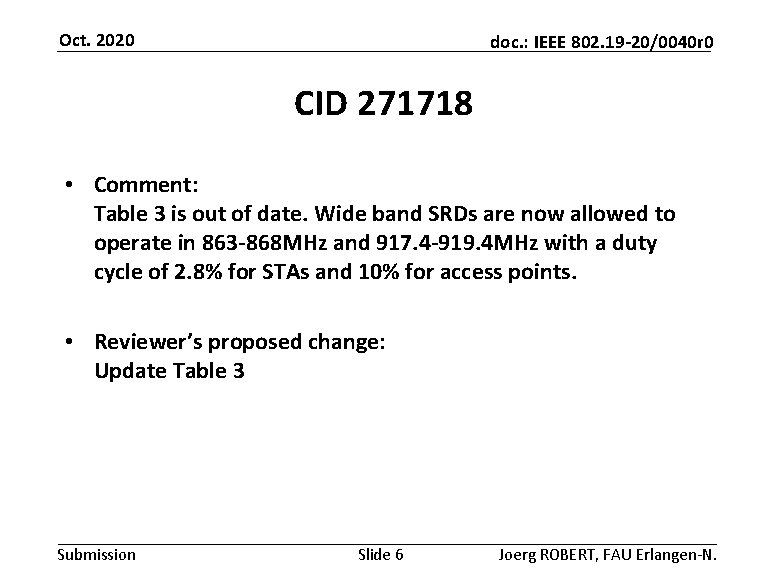 Oct. 2020 doc. : IEEE 802. 19 -20/0040 r 0 CID 271718 • Comment: