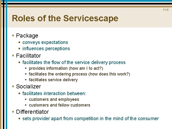 11 -6 Roles of the Servicescape § Package § conveys expectations § influences perceptions