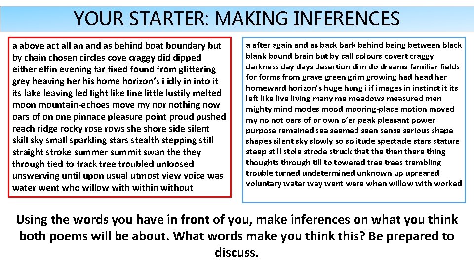 YOUR STARTER: MAKING INFERENCES a above act all an and as behind boat boundary