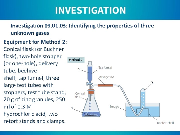 Investigation 09. 01. 03: Identifying the properties of three unknown gases Equipment for Method