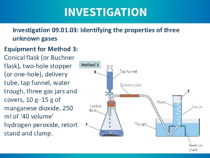 Investigation 09. 01. 03: Identifying the properties of three unknown gases Equipment for Method