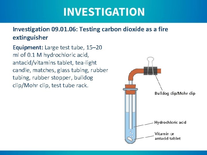 Investigation 09. 01. 06: Testing carbon dioxide as a fire extinguisher Equipment: Large test