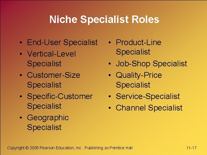 Niche Specialist Roles • End-User Specialist • Vertical-Level Specialist • Customer-Size Specialist • Specific-Customer Niche Specialist Roles • End-User Specialist • Vertical-Level Specialist • Customer-Size Specialist • Specific-Customer