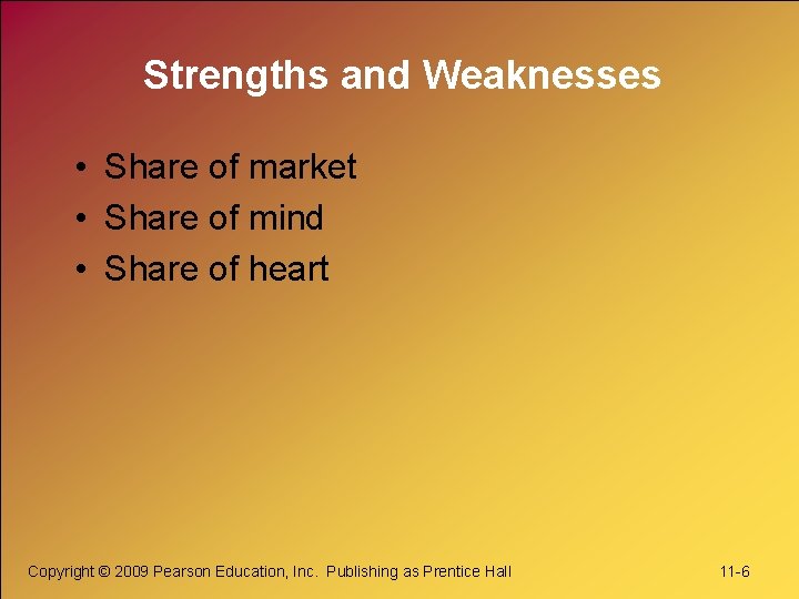 Strengths and Weaknesses • Share of market • Share of mind • Share of Strengths and Weaknesses • Share of market • Share of mind • Share of