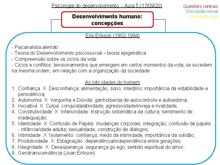 Psicologia do desenvolvimento - Aula 5 (17/09/20) Desenvolvimento humano: concepções Questões centrais Discussão inicial