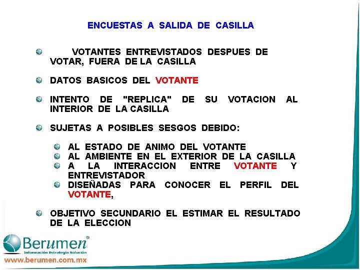 ENCUESTAS A SALIDA DE CASILLA VOTANTES ENTREVISTADOS DESPUES DE VOTAR, FUERA DE LA CASILLA