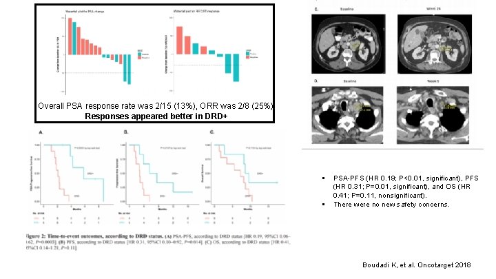 Overall PSA response rate was 2/15 (13%), ORR was 2/8 (25%). Responses appeared better