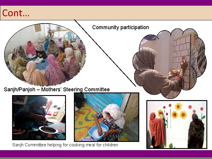 Cont… Community participation Sanjh/Panjoh – Mothers’ Steering Committee Sanjh Committee helping for cooking meal