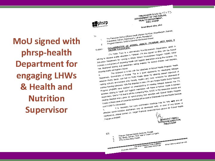 Mo. U signed with phrsp-health Department for engaging LHWs & Health and Nutrition Supervisor
