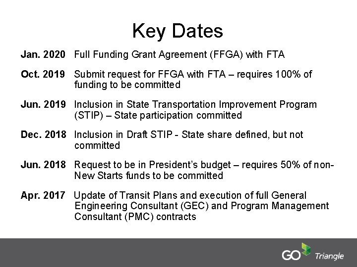 Key Dates Jan. 2020 Full Funding Grant Agreement (FFGA) with FTA Oct. 2019 Submit