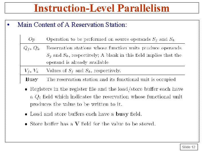 Instruction-Level Parallelism • Main Content of A Reservation Station: Station Slide 12 