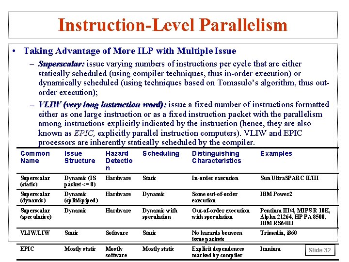 Instruction-Level Parallelism • Taking Advantage of More ILP with Multiple Issue – Superscalar: issue