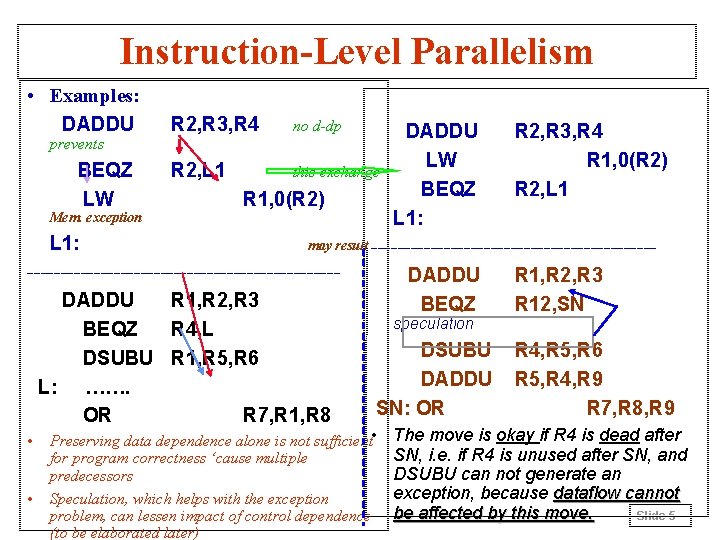 Instruction-Level Parallelism • Examples: DADDU R 2, R 3, R 4 no d-dp DADDU