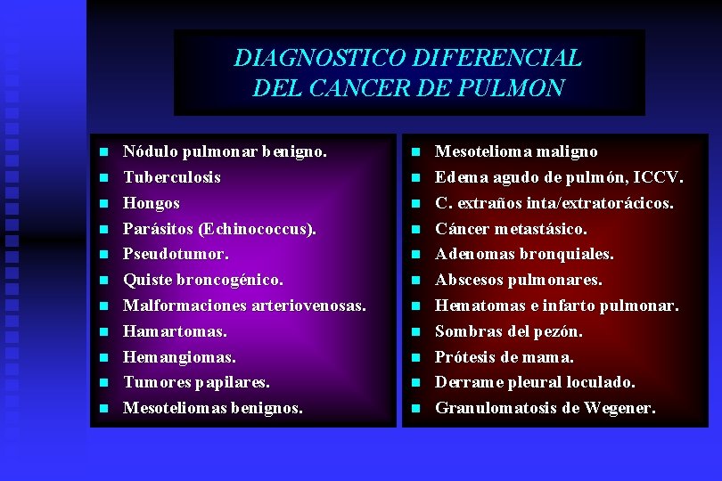 DIAGNOSTICO DIFERENCIAL DEL CANCER DE PULMON n n n Nódulo pulmonar benigno. Tuberculosis Hongos