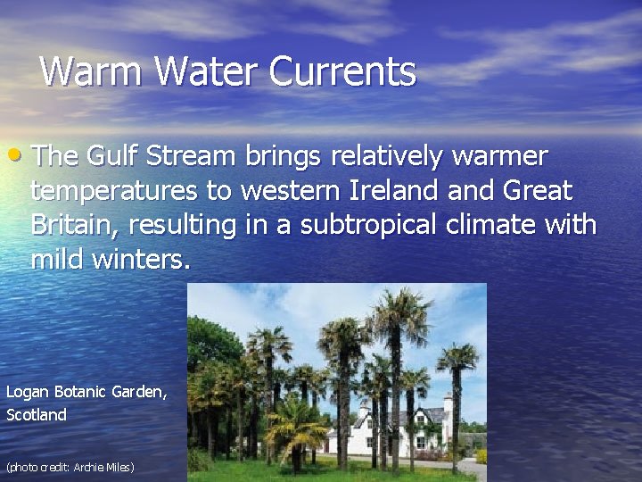 Warm Water Currents • The Gulf Stream brings relatively warmer temperatures to western Ireland