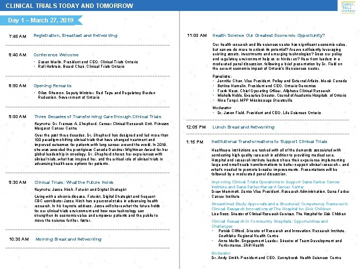 CLINICAL TRIALS TODAY AND TOMORROW Day 1 – March 27, 2019 7: 45 AM