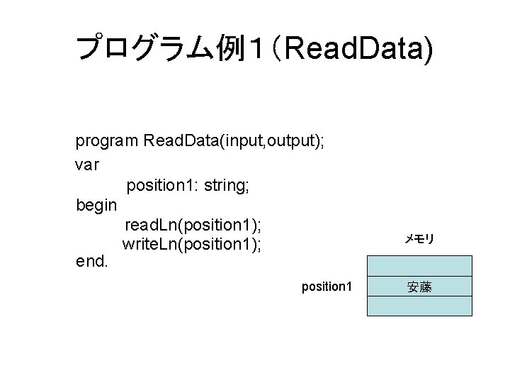 プログラム例１（Read. Data) program Read. Data(input, output); var position 1: string; begin read. Ln(position 1);