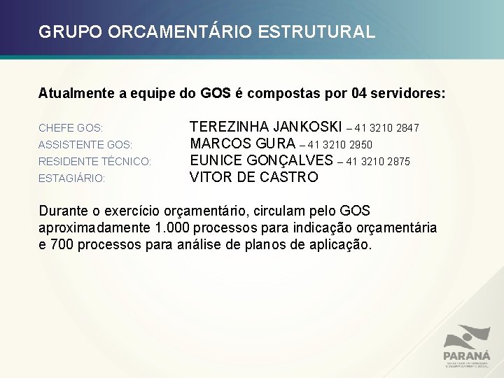 GRUPO ORCAMENTÁRIO ESTRUTURAL Atualmente a equipe do GOS é compostas por 04 servidores: CHEFE