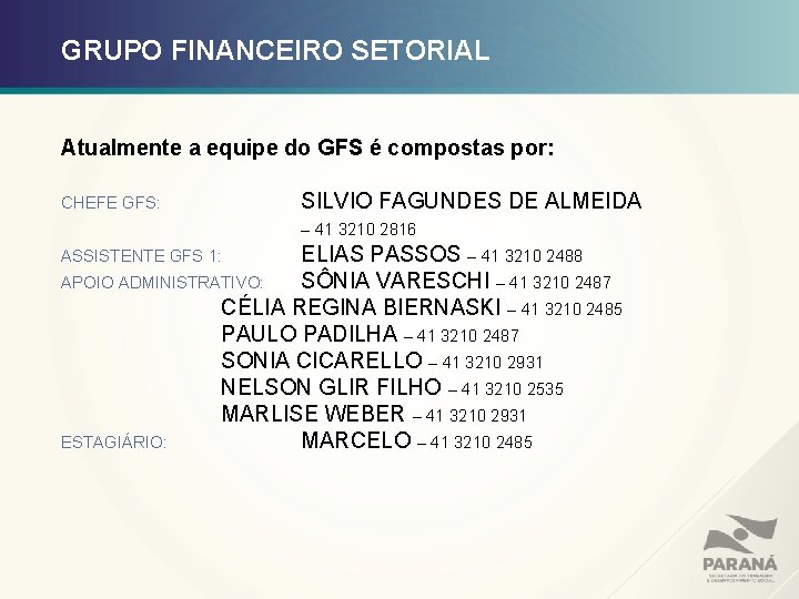 GRUPO FINANCEIRO SETORIAL Atualmente a equipe do GFS é compostas por: CHEFE GFS: SILVIO