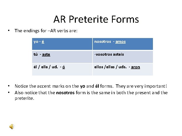 AR Preterite Forms • The endings for –AR verbs are: yo - é nosotros
