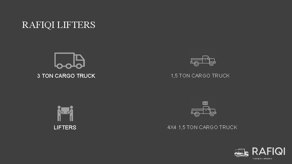 RAFIQI LIFTERS 3 TON CARGO TRUCK LIFTERS 1, 5 TON CARGO TRUCK 4 X