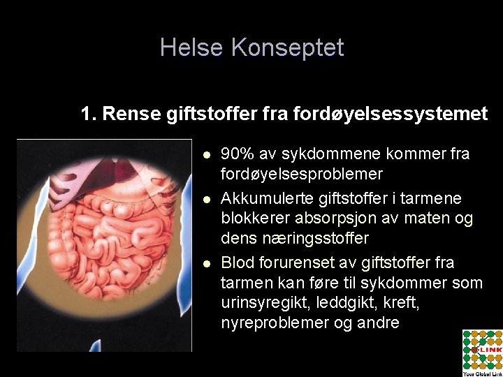 Helse Konseptet 1. Rense giftstoffer fra fordøyelsessystemet l l l 90% av sykdommene kommer