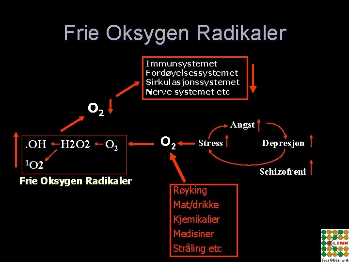 Frie Oksygen Radikaler Immunsystemet Fordøyelsessystemet Sirkulasjonssystemet Nerve systemet etc O 2 Angst . OH