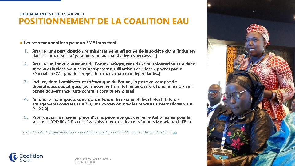 FORUM MONDIAL DE L’EAU 2021 POSITIONNEMENT DE LA COALITION EAU ● Les recommandations pour