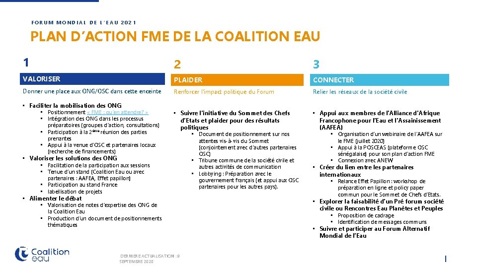 FORUM MONDIAL DE L’EAU 2021 PLAN D’ACTION FME DE LA COALITION EAU 1 2