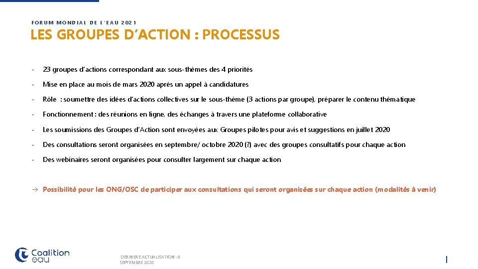 FORUM MONDIAL DE L’EAU 2021 LES GROUPES D’ACTION : PROCESSUS - 23 groupes d’actions