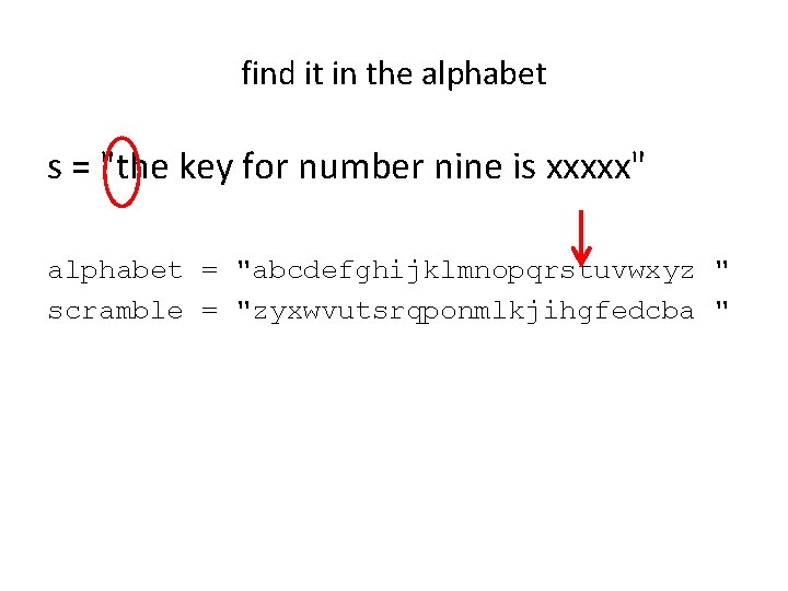 find it in the alphabet s = "the key for number nine is xxxxx"