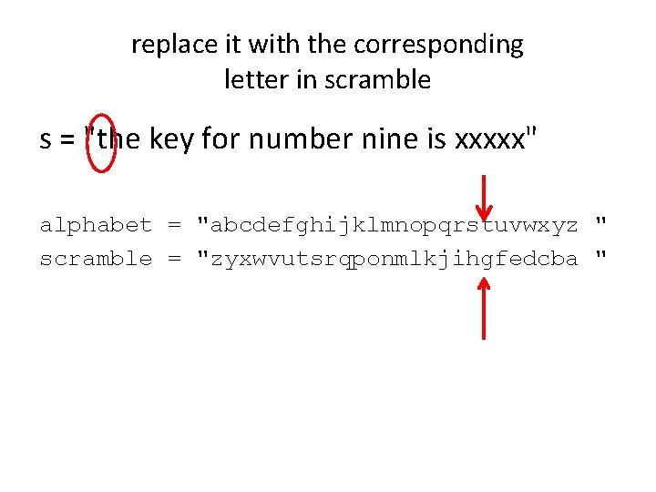 replace it with the corresponding letter in scramble s = "the key for number