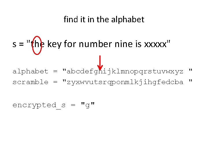 find it in the alphabet s = "the key for number nine is xxxxx"