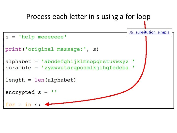 Process each letter in s using a for loop 09_subsitution_simple 