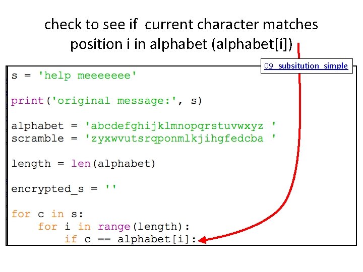 check to see if current character matches position i in alphabet (alphabet[i]) 09_subsitution_simple 