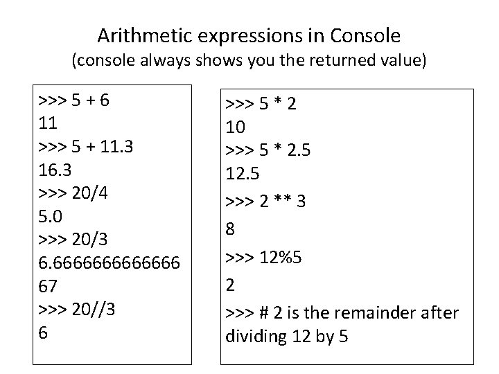 Arithmetic expressions in Console (console always shows you the returned value) >>> 5 +