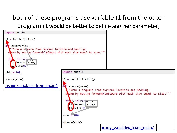 both of these programs use variable t 1 from the outer program (it would