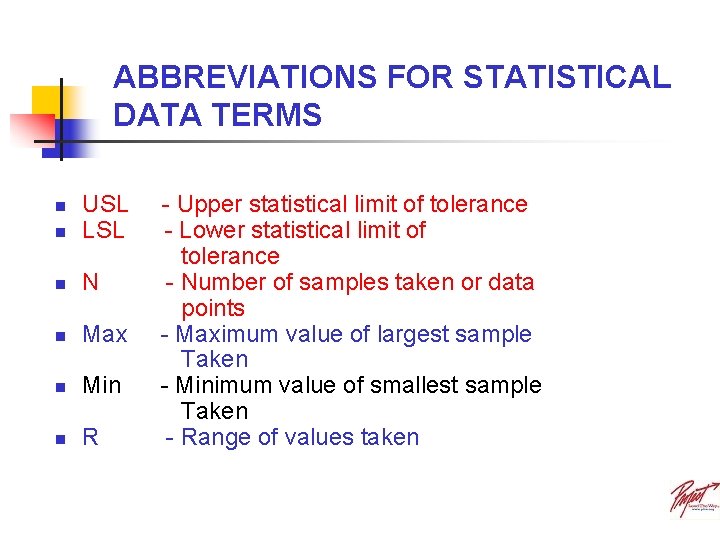 ABBREVIATIONS FOR STATISTICAL DATA TERMS n USL LSL n N n Max n Min
