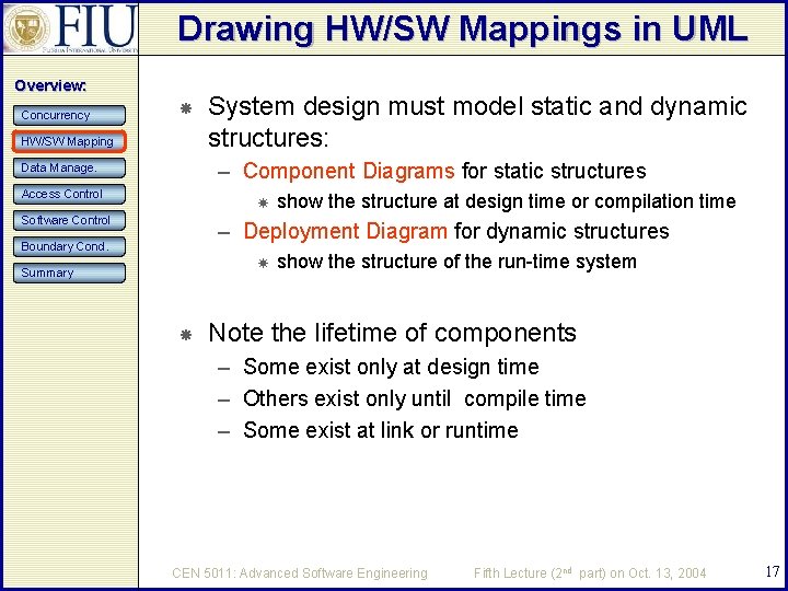 Drawing HW/SW Mappings in UML Overview: Concurrency HW/SW Mapping System design must model static